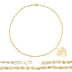 Rope 14K Gold Filled CZ Heart Pendant Anklet 10" - 2.4 mm