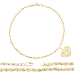 Rope 14K Gold Filled CZ Heart Pendant Anklet 10" - 2.4 mm