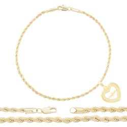 Rope 14K Gold Filled CZ Heart Pendant Anklet 10" - 2.4 mm